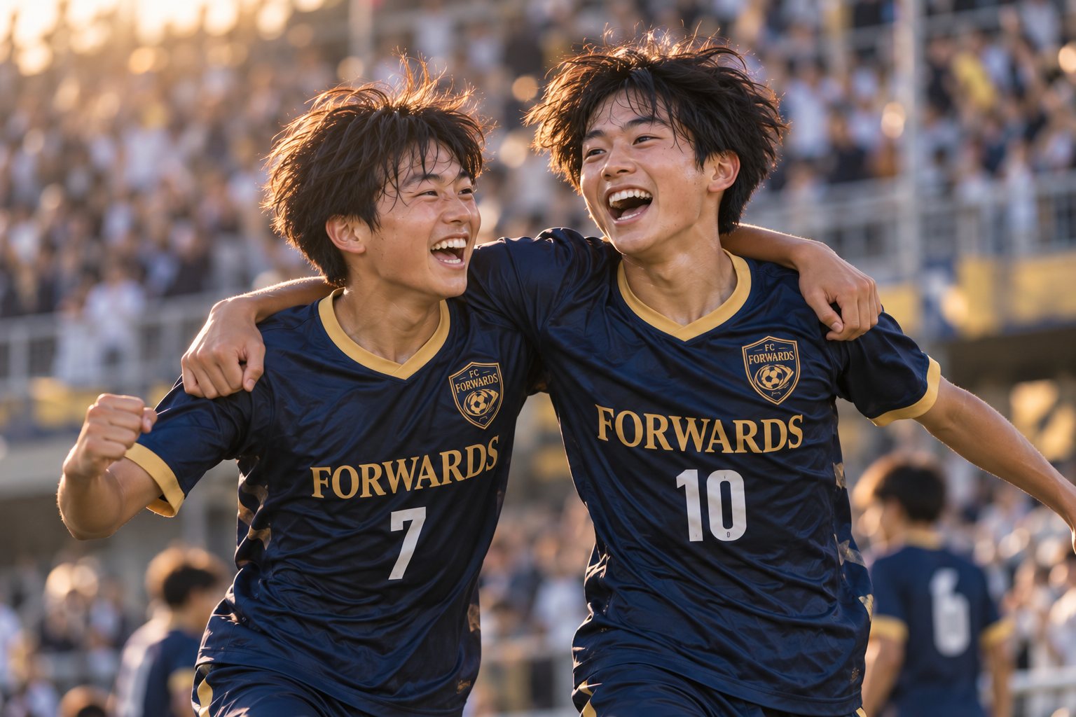 肩を組んで喜ぶ背番号7と10の選手